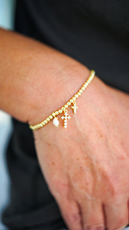 Gold Beaded Cross Charm Bracelet