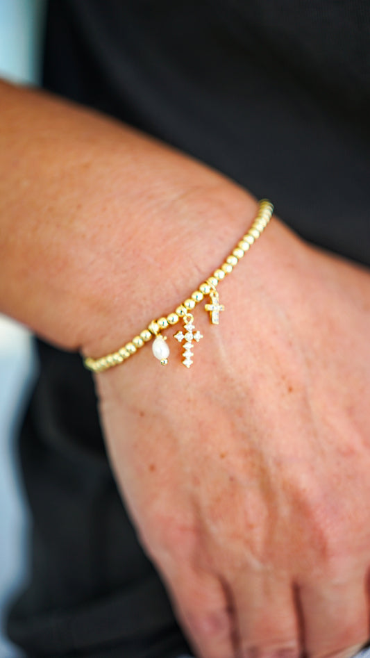 Gold Beaded Cross Charm Bracelet