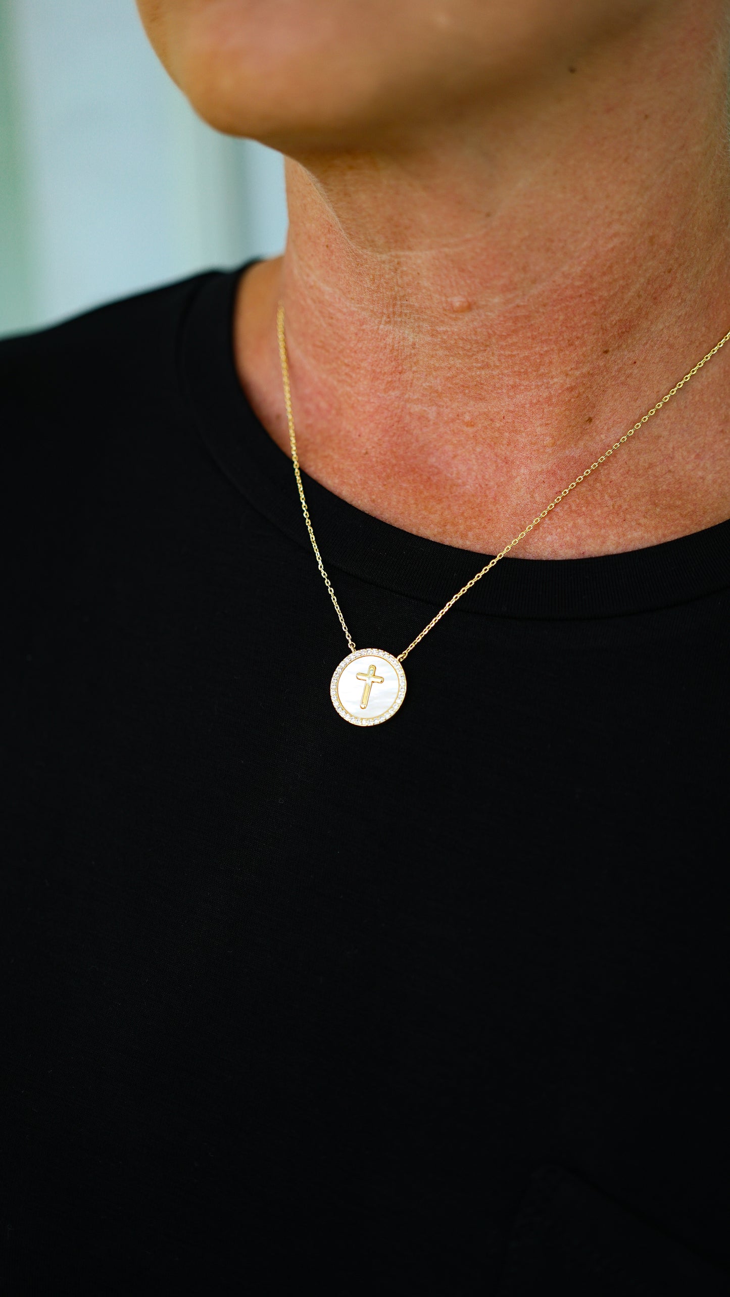 Round Gold Pearl Cross Necklace