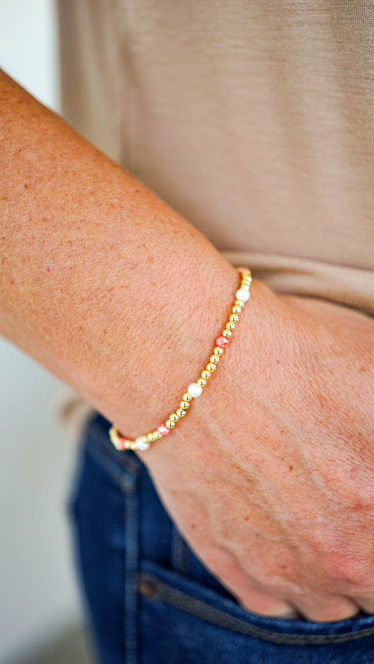 Gold and Coral Beaded Bracelet