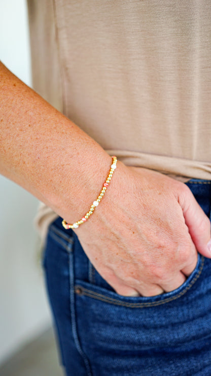 Gold and Coral Beaded Bracelet