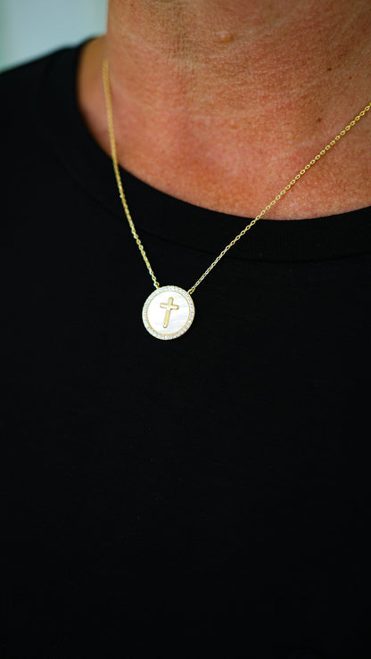 Round Gold Pearl Cross Necklace